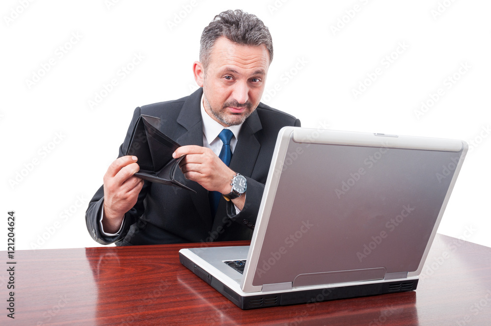 Man wearing suit at officelooking sad with empty wallet Man wearing suit at officelooking sad with empty wallet