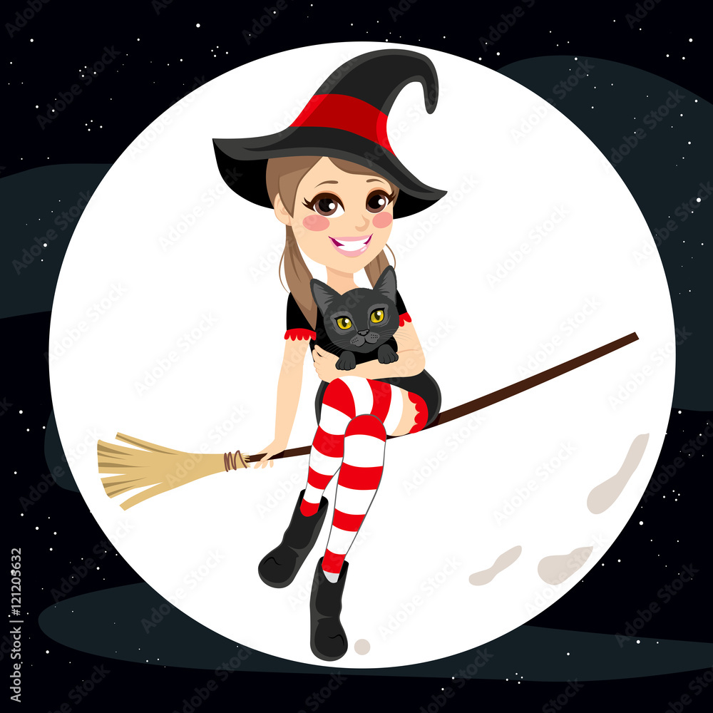 Cute teenager witch holding pet cat flying with broom on full moon ...