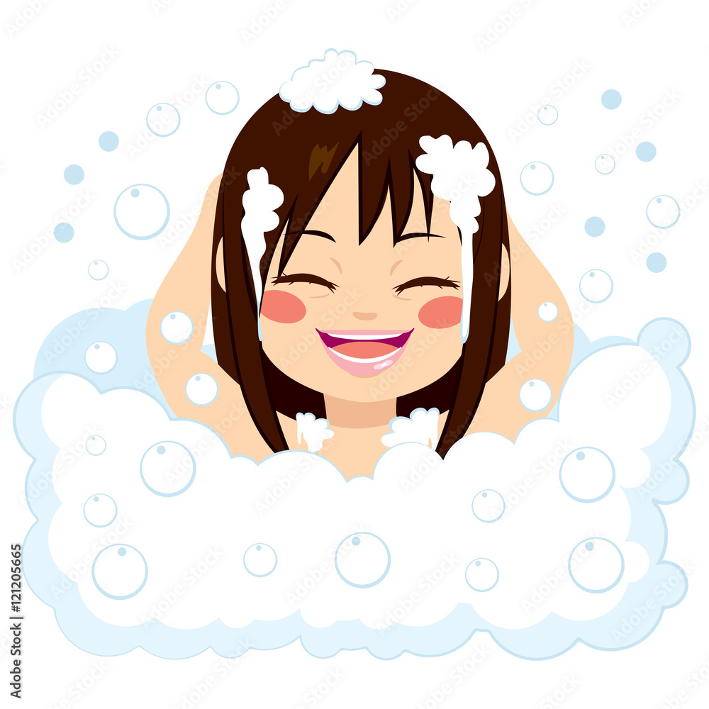 Happy little girl having fun in bubble bath washing hair with foam Happy little girl having fun in bubble bath washing hair with foam
