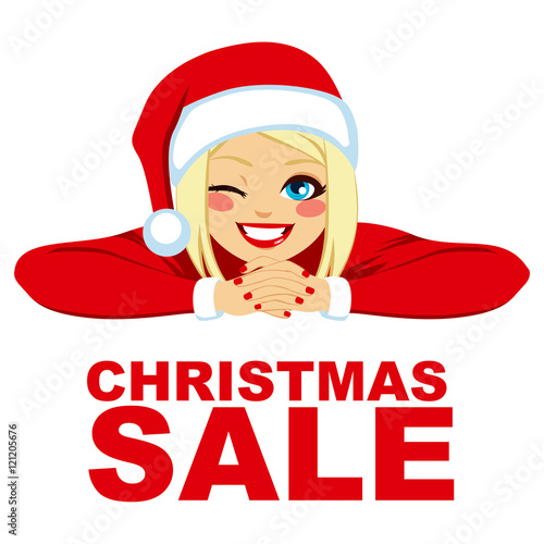 Blonde woman wearing Santa hat smiling and winking with red Christmas sale text