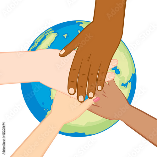 Ecology concept with female and male hands with earth in the center