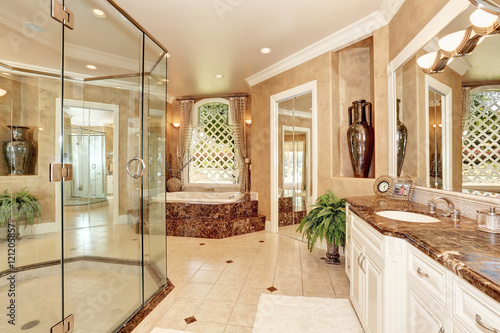 Beautiful luxury marble bathroom interior in beige color