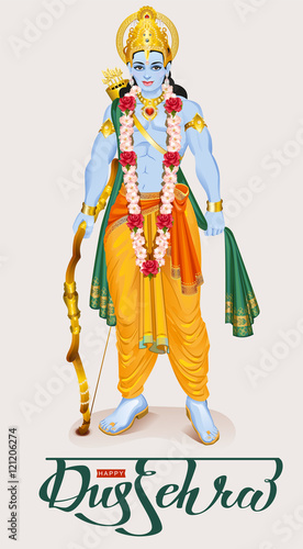 Happy dussehra hindu festival. Lord Rama holding bow and arrow