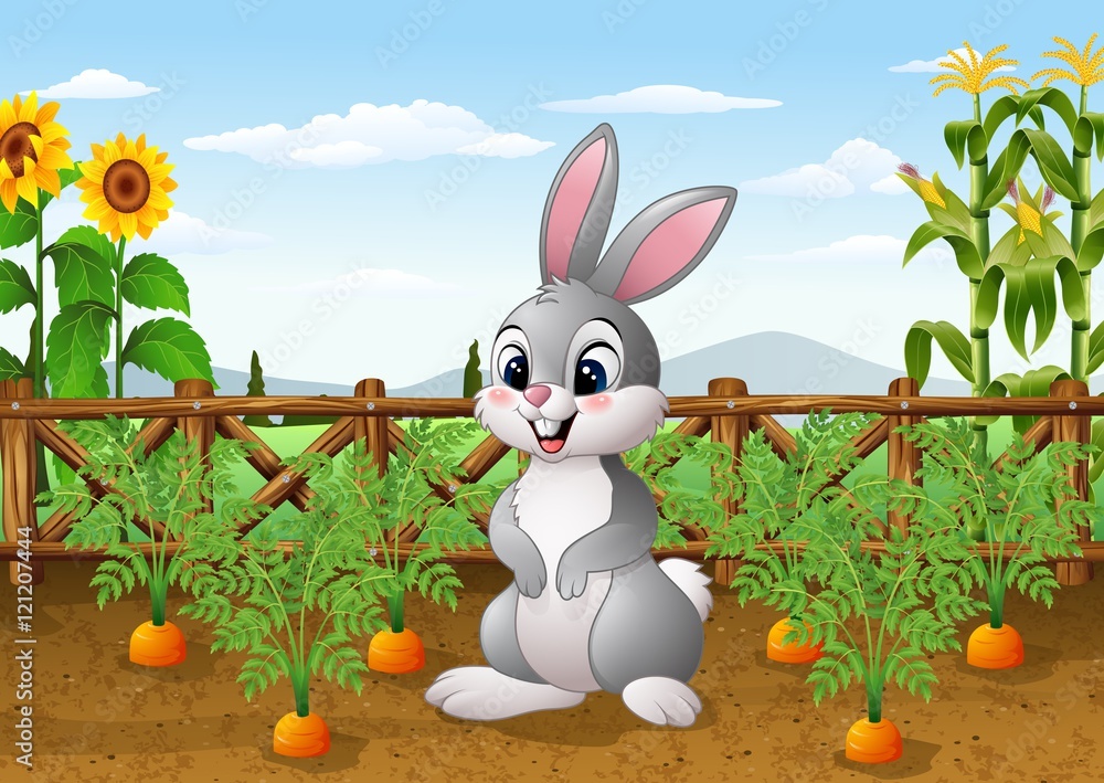 Fototapeta premium Cartoon rabbit with carrot plant in the garden