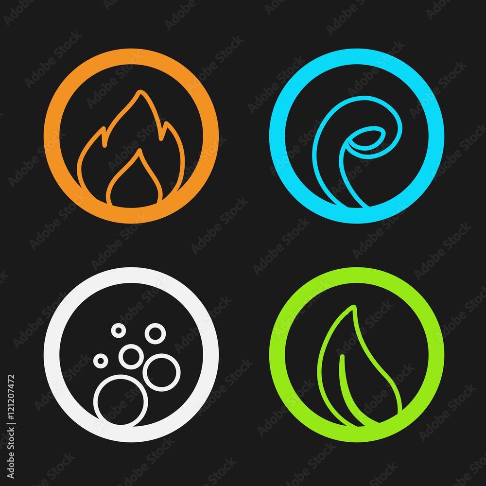 Vector four natural elements - fire, air, water, earth - nature circular symbols with flame, bubble air, wave water and leaf Vector four natural elements - fire, air, water, earth - nature circular symbols with flame, bubble air, wave water and leaf