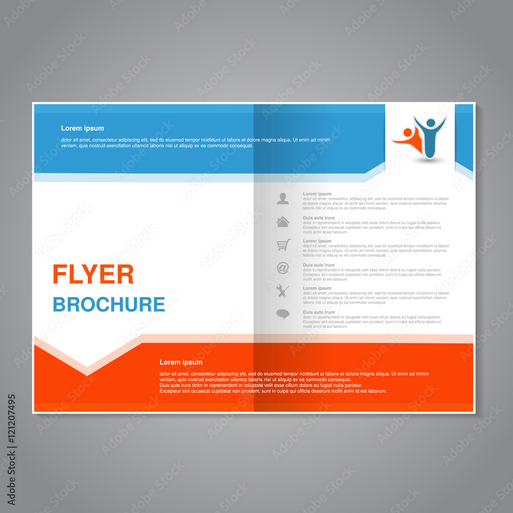 Vector modern brochure, abstract flyer with simple design. Layout template with arrow. Aspect Ratio for A4 size. Poster of blue, orange, grey and white color. Magazine cover. Vector modern brochure, abstract flyer with simple design. Layout template with arrow. Aspect Ratio for A4 size. Poster of blue, orange, grey and white color. Magazine cover.