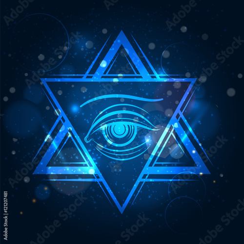 Double triangle and eyeicon. Freemasony vector sign on blue shining background photo