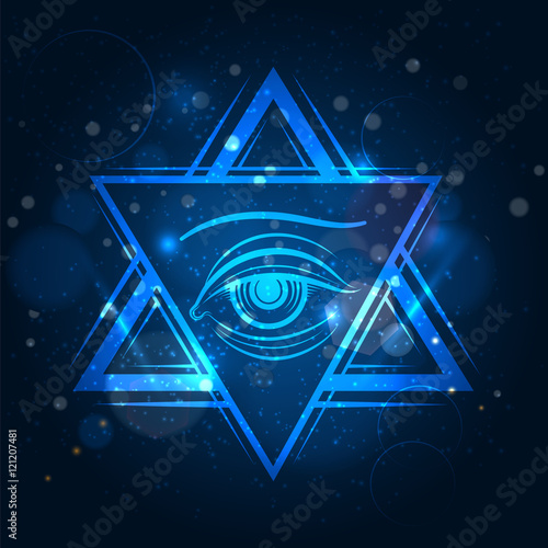 Double triangle and eyeicon. Freemasony vector sign on blue shining background