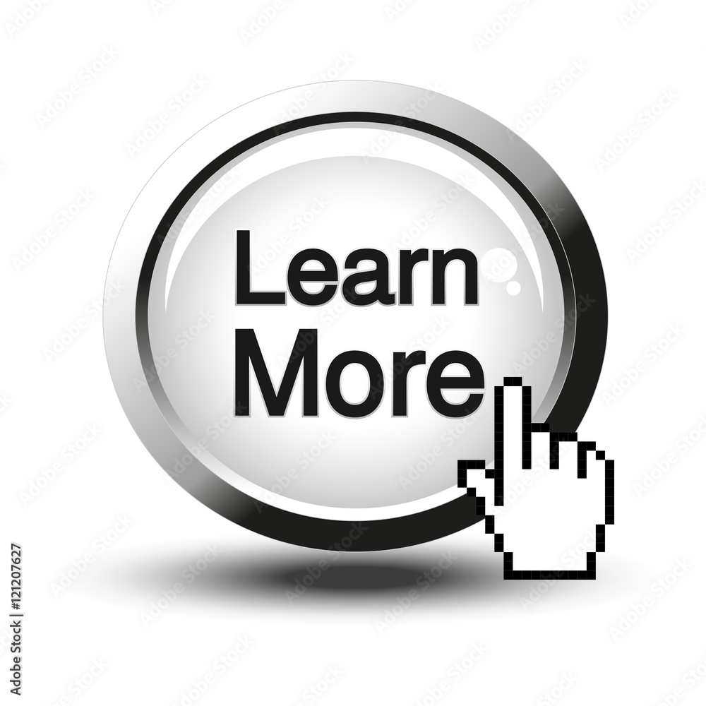 Vector button for website or app. Button - Learn More, circular chrome sign with cursor of hand Vector button for website or app. Button - Learn More, circular chrome sign with cursor of hand