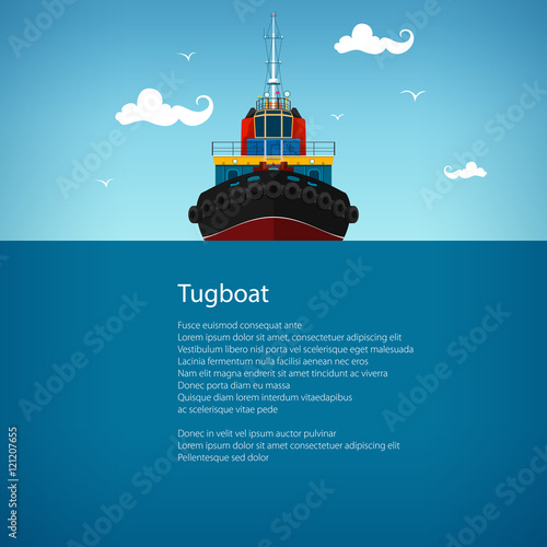 Front View of the Tugboat, Pushboats for Towage and Mooring of Other Courts , Poster Brochure Flyer Design, Vector Illustration