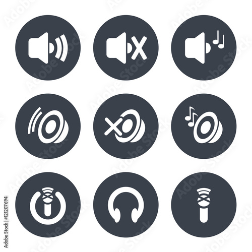 Vector set of sound icon - speaker with volume indicator and music, microphone and headphone