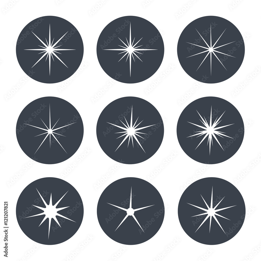 Vector sparkles white symbols on the dark circular background - star glitter, stellar flare