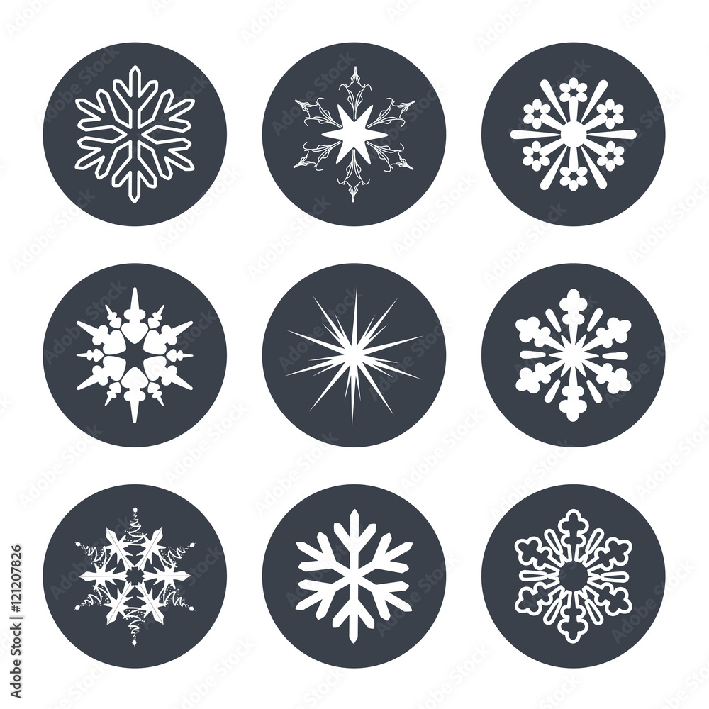 Vector set of white snowflakes on the dark circular background Vector set of white snowflakes on the dark circular background