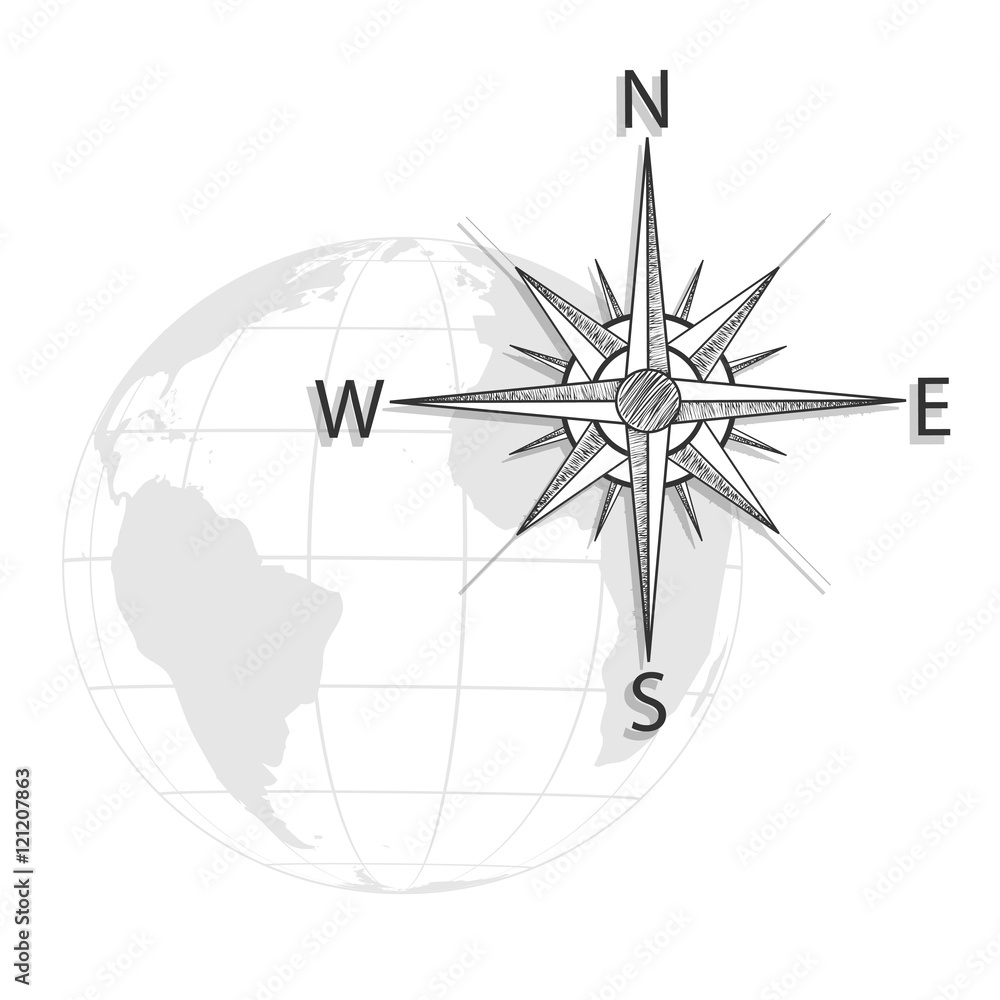 Vector hand drawing compass on the globe, map - black, grey icon Vector hand drawing compass on the globe, map - black, grey icon