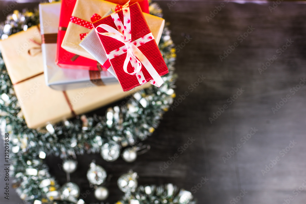 Christmas gifts on a table with copyspace