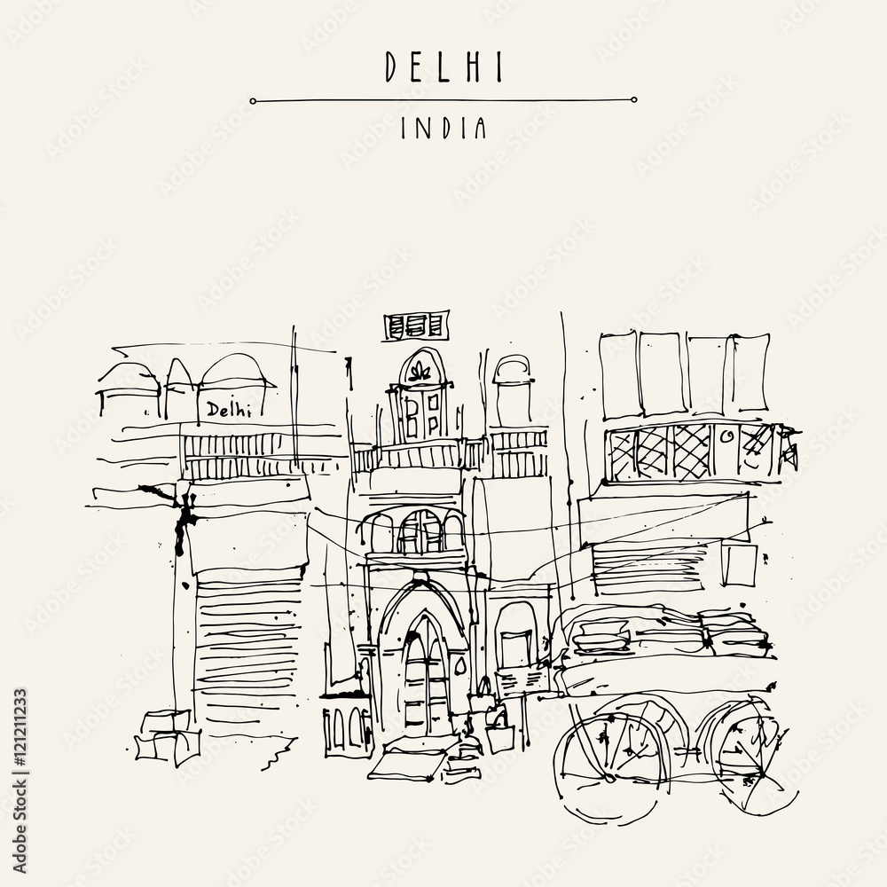 Old historic building and a cart in Main Bazar, Paharganj, New Delhi, India. Artistic handdrawn vintage touristic postcard