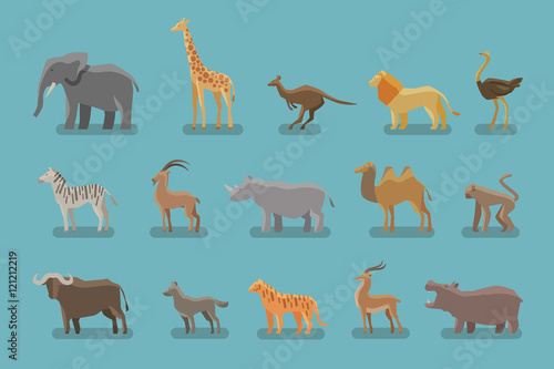 Animals set of colored icons. Vector symbols such as elephant, giraffe, kangaroo, lion, ostrich, zebra, mountain goat, rhino, camel, monkey, ox, wolf, tiger, antelope, hippo