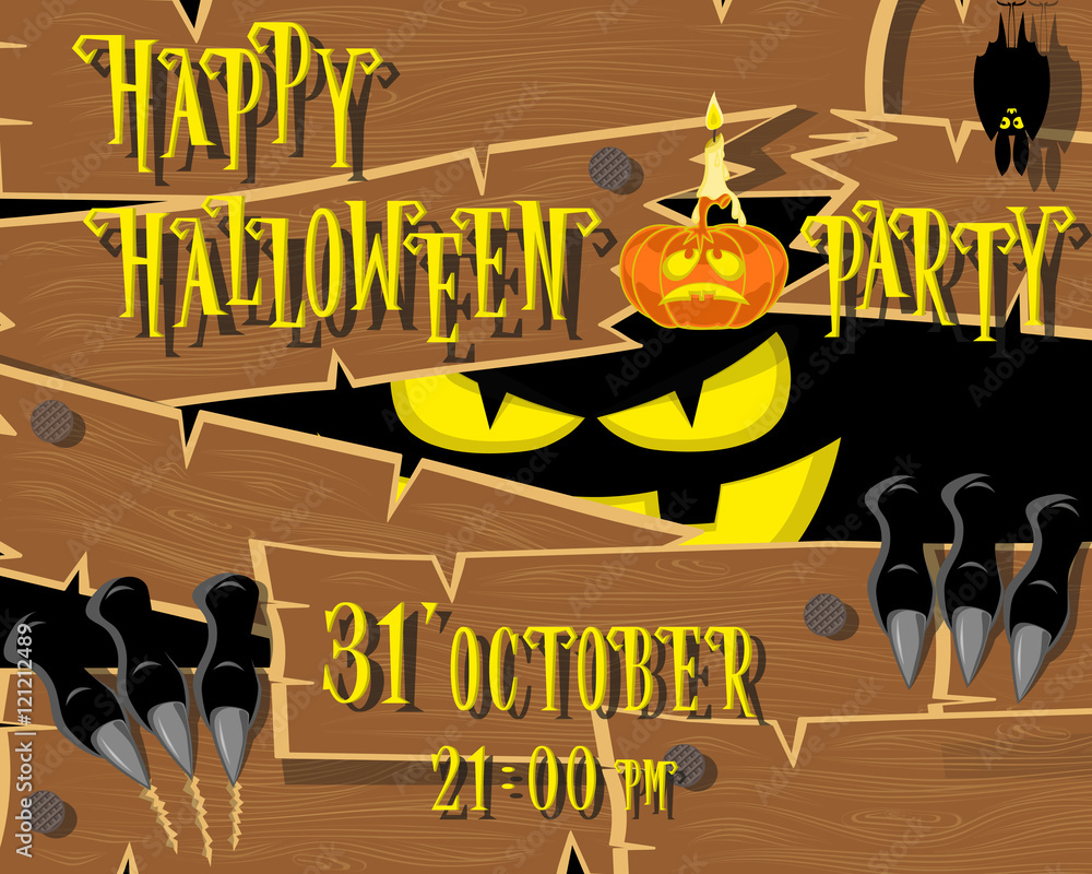 Φωτογραφία Halloween banner: black monster with scary face broken wooden wall from old boards and looks out of the darkness