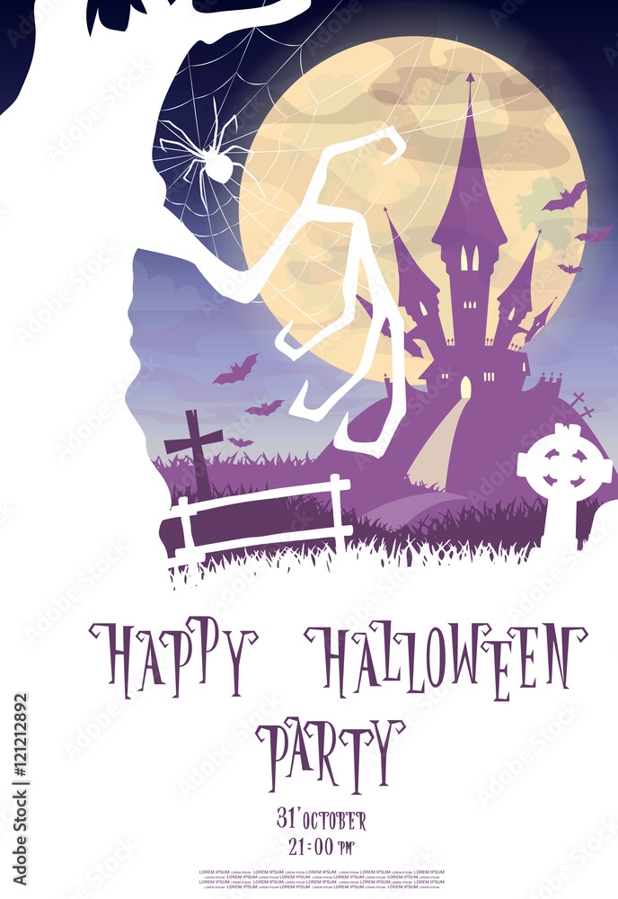 Halloween background. Silhouette scary monsters trees on old cemetery backdrop moon, bats and graves. Design for concept banner, poster, flyer, cards or invites on party. Cartoon style. Vector