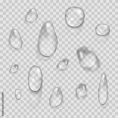Transparent water drops vector set isolated on plaid background