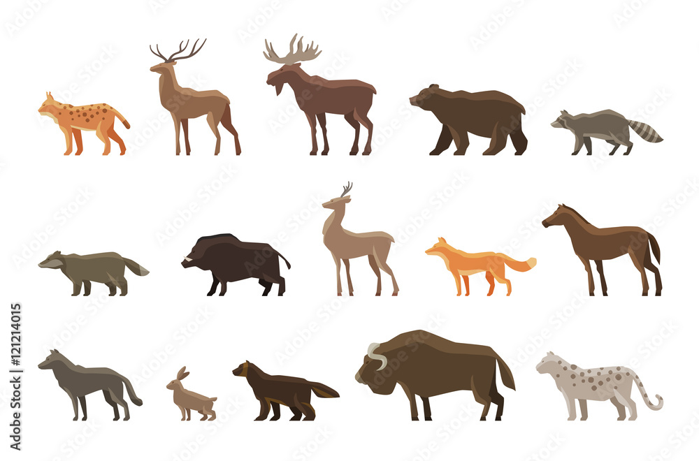 Animals icon set. Vector symbols such as lynx, deer, elk, bear, raccoon, badger, wild boar, roe , fox, horse, wolf, hare, musk ox, snow leopard, wolverine Animals icon set. Vector symbols such as lynx, deer, elk, bear, raccoon, badger, wild boar, roe , fox, horse, wolf, hare, musk ox, snow leopard, wolverine