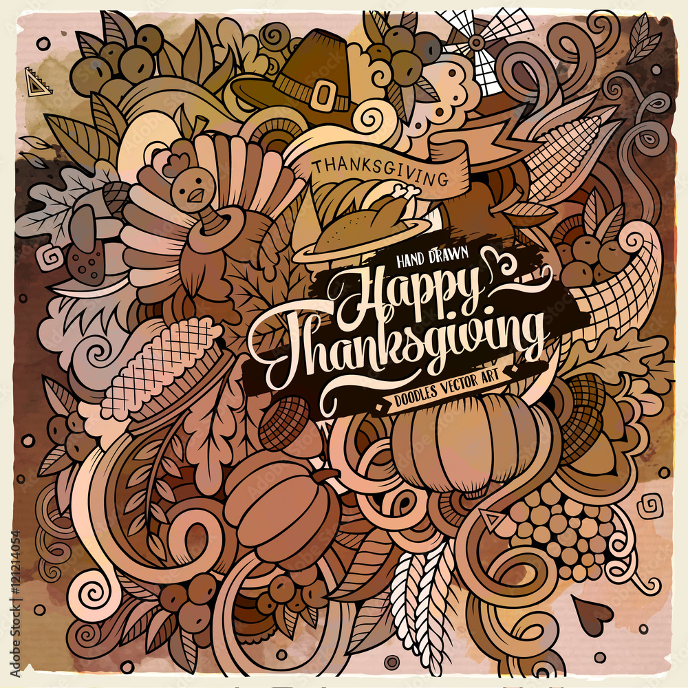 Cartoon cute doodles hand drawn Thanksgiving illustration