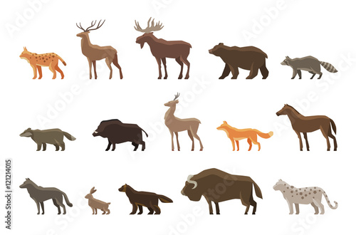 Animals icon set. Vector symbols such as lynx, deer, elk, bear, raccoon, badger, wild boar, roe , fox, horse, wolf, hare, musk ox, snow leopard, wolverine