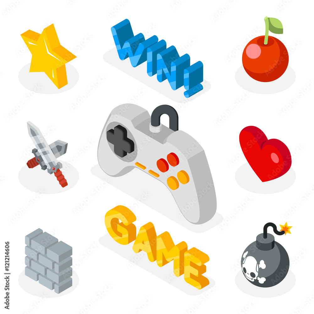 Fotografie Isometric game icons. 3D flat icon with games symbols