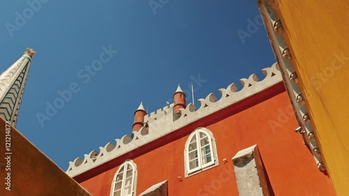 A closeup cinematic view of architectural details in the Pena Palace (Palácio da Pena) in Sintra, Portugal. Sintra is  a UNESCO World Heritage Site.
 photo