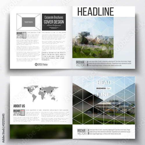 Set of annual report business templates for brochure, magazine, flyer or booklet. Colorful polygonal background, blurred image, airport landscape, modern stylish triangular vector texture