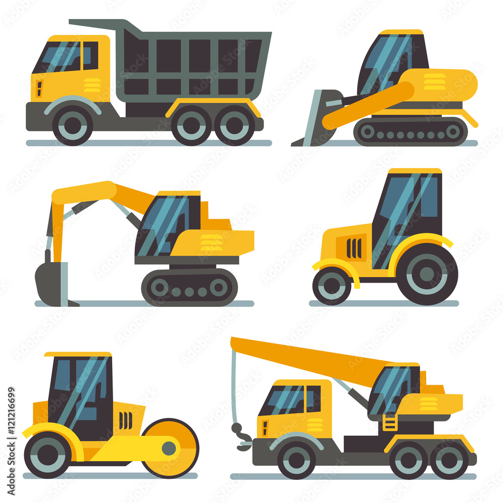 Construction machines, heavy equipment, vehicles flat vector icons