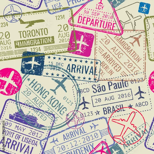 Tapety Wektorowy bezszwowy wzór z paszportowymi wizowymi znaczkami