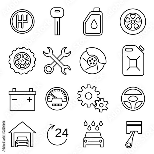 Car parts, services, auto repair thin line vector icons set