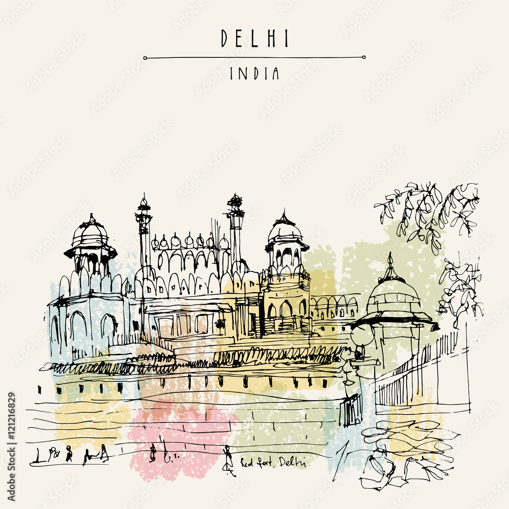 Φωτογραφία View of Red Fort in Delhi, India. Vintage hand drawn postcard