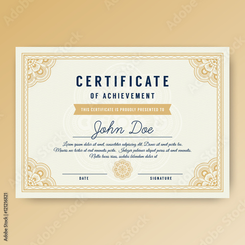 Elegant certificate of achievement with ornaments, A4 size with bleeds. Vector illustration