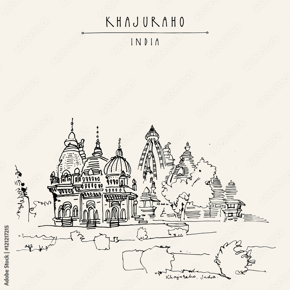 Ancient Hindu temples in Khajuraho, Madhya Pradesh, India. Vintage touristic hand drawn postcard