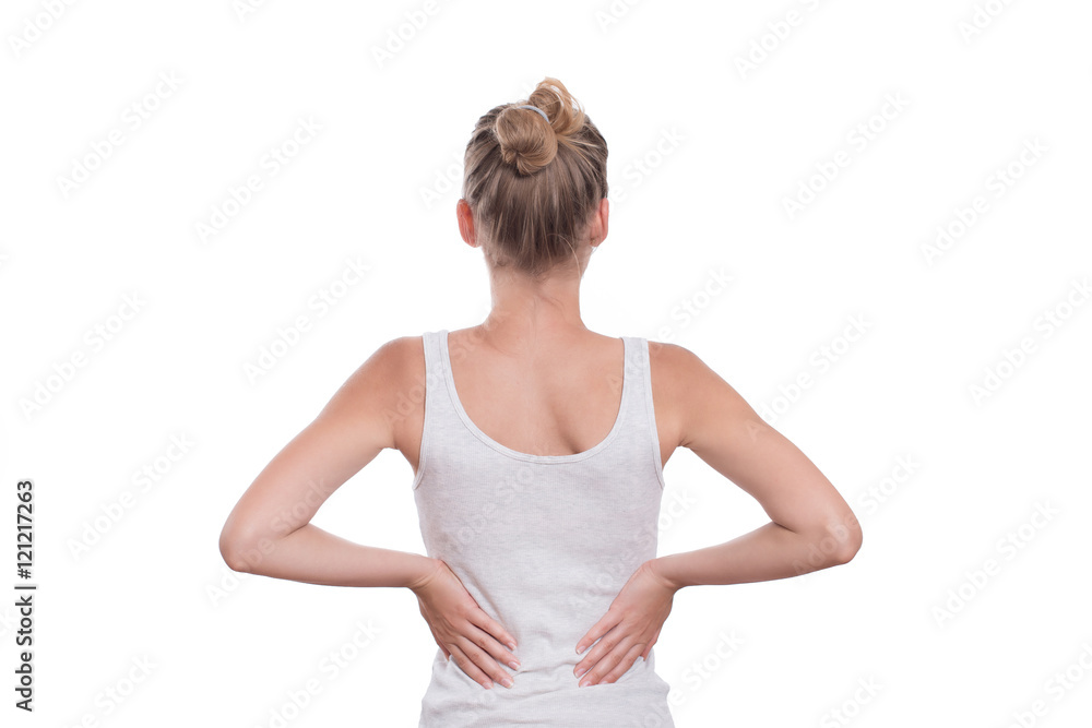 Woman with back pain, isolated on white background Woman with back pain, isolated on white background
