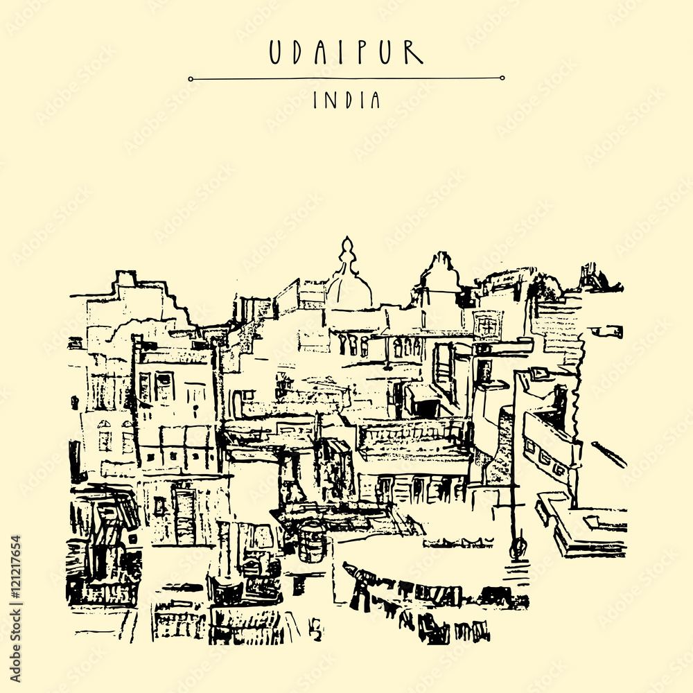 View of Udaipur, Rajasthan, India. Hand drawn cityscape sketch. Vintage touristic postcard or poster