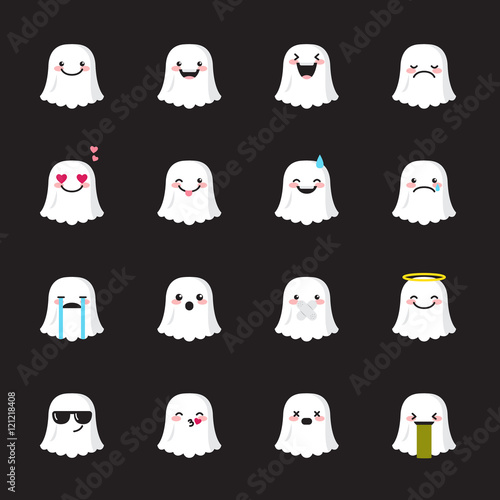 Vector ghost emoji set. Funny halloween emoticons.