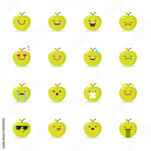 Vector green apple emoji set. Funny emoticons.