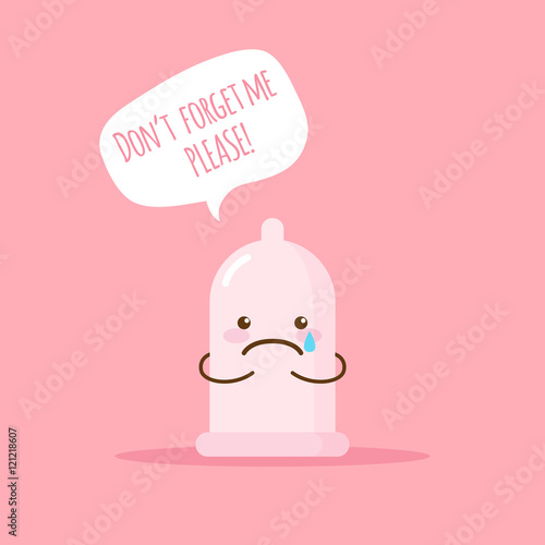 Vector emoji condom with poster about safe love. Cartoon sticker.