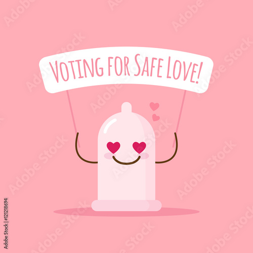 Vector emoji condom with poster about safe love. Cartoon sticker.