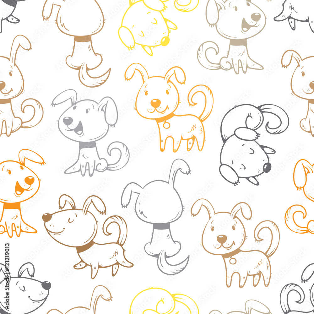 Seamless pattern with cute cartoon dogs on white background. Little puppies. Funny animals. Vector contour colorful image. Children's illustration. Seamless pattern with cute cartoon dogs on white background. Little puppies. Funny animals. Vector contour colorful image. Children's illustration.
