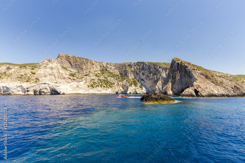 Fototapeta premium Cruise around Zakynthos, views from the sea on the island, Greece, background.