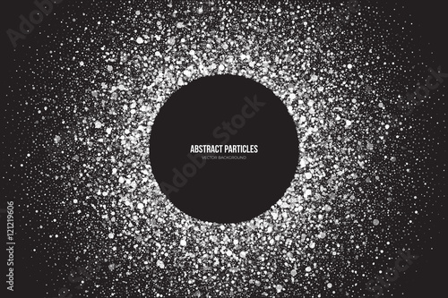 Abstract bright white shimmer glowing round particles vector background. Snowfall effect. Falling scatter shine tinsel light explosion. Celebration, holidays and party illustration