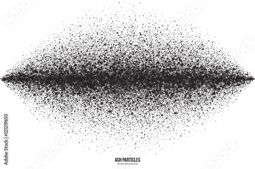 Abstract vector dark gray round ash particles on white background. Spray effect. Scatter falling black drops. Hand made grunge texture