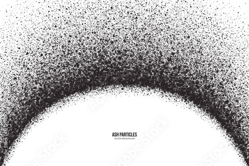 Abstract vector dark gray round ash particles on white background. Spray effect. Scatter exploding falling black drops. Hand made grunge texture