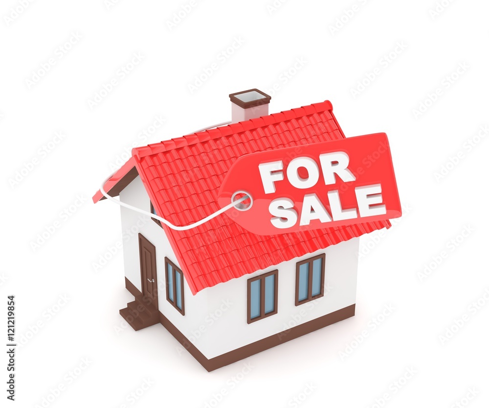 Miniature model of house real estate for rent label on white background. 3D rendering.