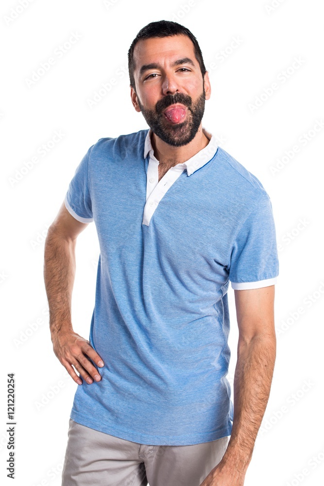 Man with blue shirt doing a joke Man with blue shirt doing a joke