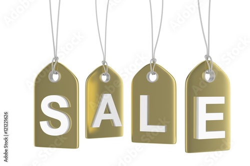 Golden isolated sale labels on white background. Price tags. Special offer and promotion. Store discount. Shopping time. 3D rendering.